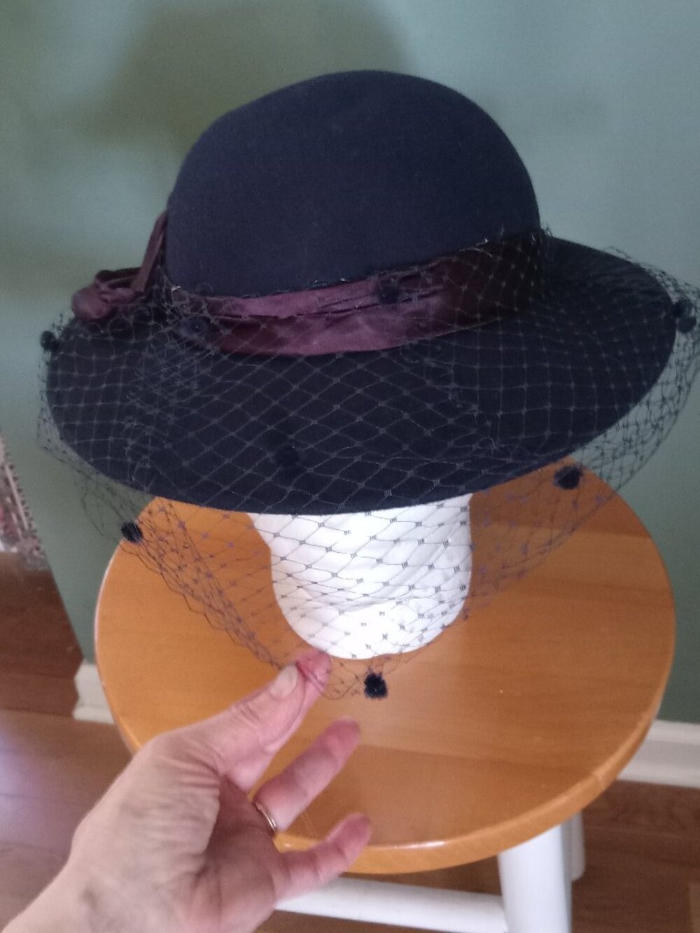 Veiled/Ribboned Navy Wool "Church Hat" by Michael Howard - Picture 2 of 10